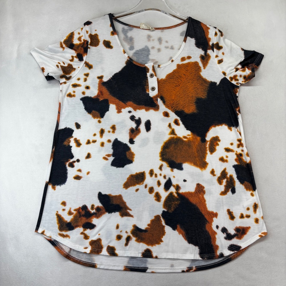 Avery Apparel Company Henley Top Womens XL Multicolor Cow Print Short Sleeve USA
